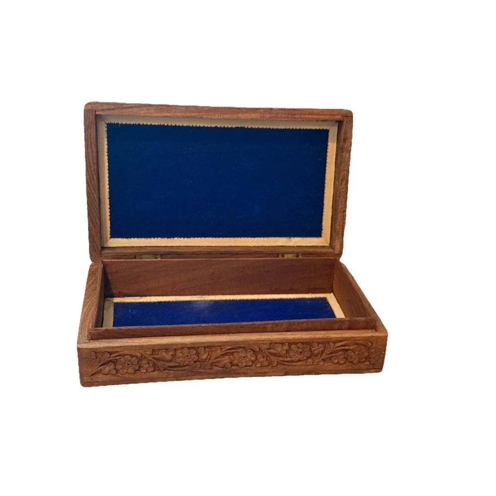 Vintage India Hand Carved‎ Handmade Wood Box Jewelry Trinket Floral Flowers Blue